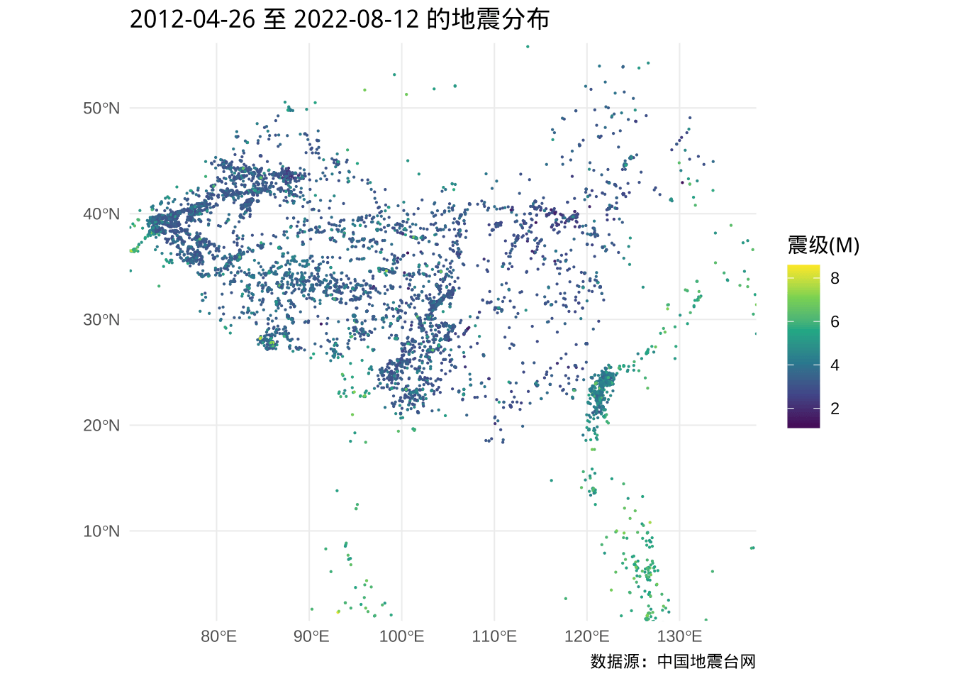 中国及周边近 10 年的地震分布